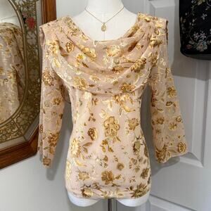 Vintage Y2K MSK Golden Yellow Metallic Floral Draped 3/4 Sleeve Fairycore Top